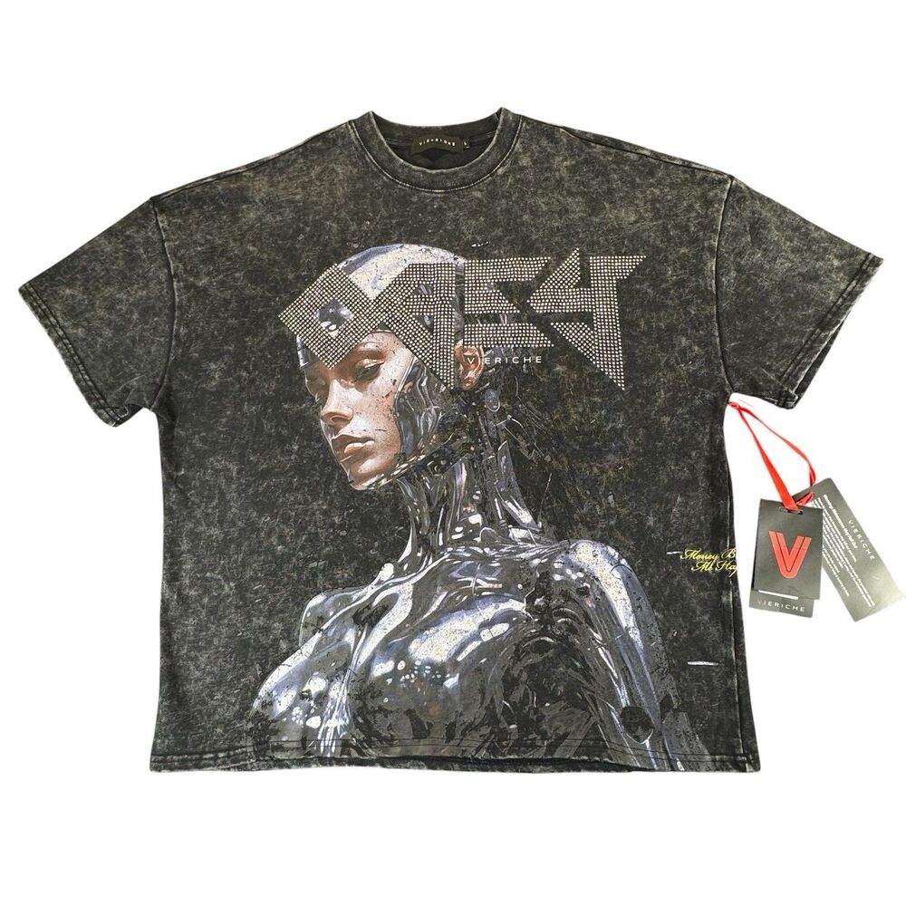 Vie Riche Sz L Obey Futuristic Android Cyborg Face Bold Urban Rhinestone Shirt